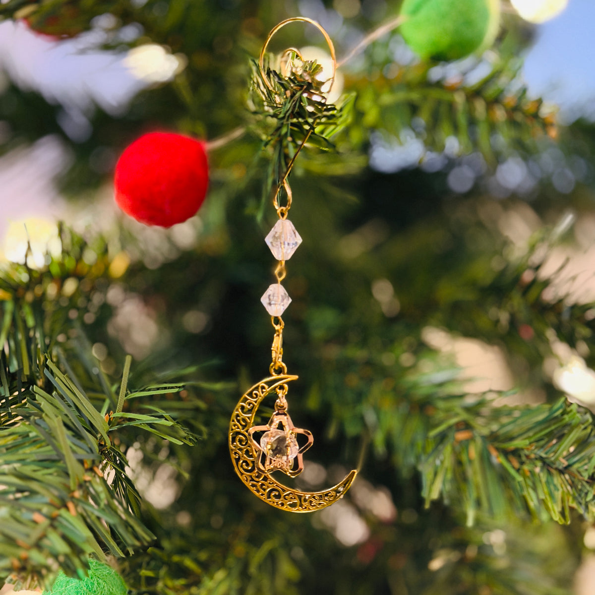 Yuletide Gold Crystal Moon & Star Witchy Christmas Ornament
