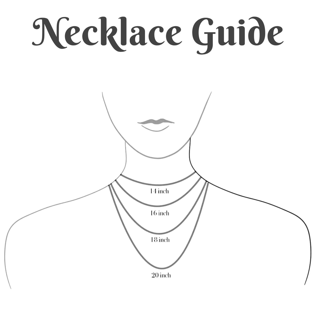 A simple black-and-white necklace size guide with the title 'Necklace Guide' at the top and a line drawing of a neck and upper chest showing four necklace lengths labeled 14 inch, 16 inch, 18 inch, and 20 inch.