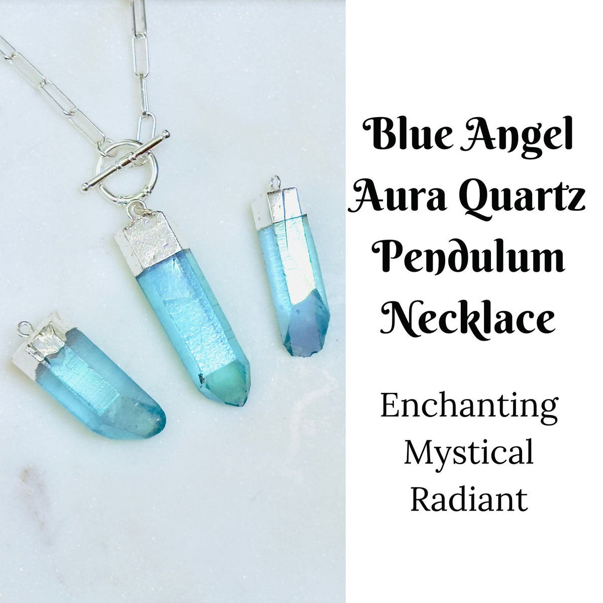 Blue Angel Aura Quartz Pendulum Necklace on Paperclip Chain