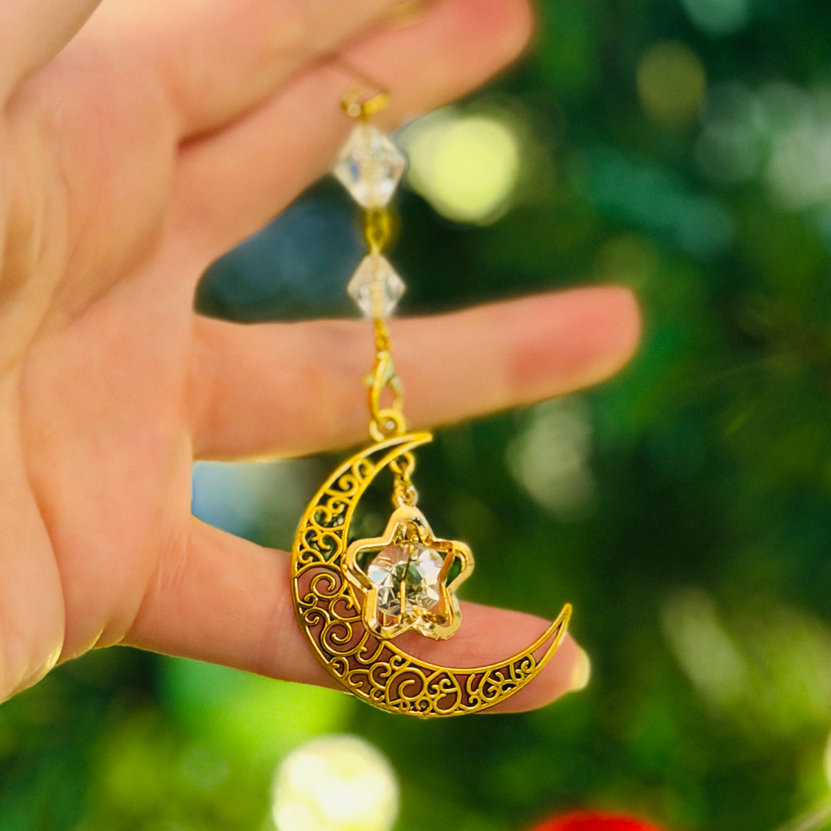 Yuletide Gold Crystal Moon & Star Witchy Christmas Ornament