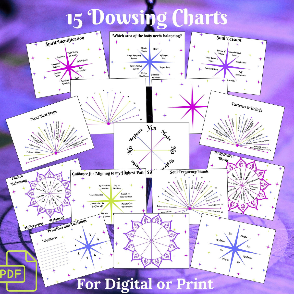 A collage of 15 dowsing chart templates arranged on a purple background, with the title '15 Dowsing Charts' at the top and text at the bottom reading 'For Digital or Print.' A small PDF icon appears in the lower left corner.