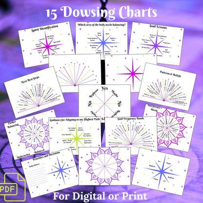 A collage of 15 dowsing chart templates arranged on a purple background, with the title '15 Dowsing Charts' at the top and text at the bottom reading 'For Digital or Print.' A small PDF icon appears in the lower left corner.