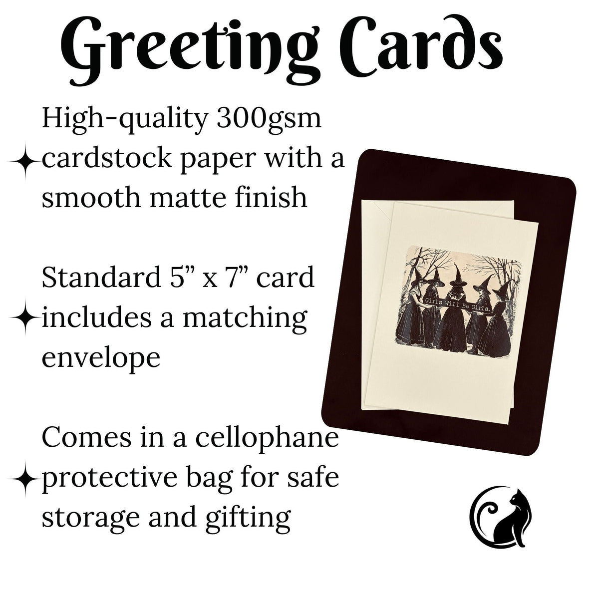 Promotional graphic for greeting cards on a white background, with text describing 300gsm cardstock, a 5 x 7 inch card with matching envelope, and a cellophane protective bag. A small sample card in a dark brown sleeve with an illustrated insert is shown on the right.