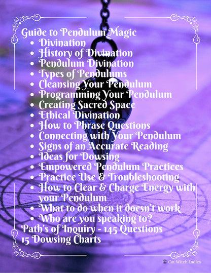 A purple and lavender graphic cover titled 'Guide to Pendulum Magic' with a bulleted list of 145 questions about divination, pendulums, and dowsing, plus a small 'Path's of Inquiry - 145 Questions' line and 'Cmnd Mktg Leader' at the bottom right.