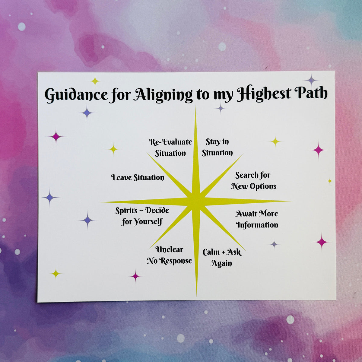 A white rectangular card titled 'Guidance for Aligning to my Highest Path' with a yellow starburst and black text, placed on a pastel pink, purple, and blue watercolor starry background.