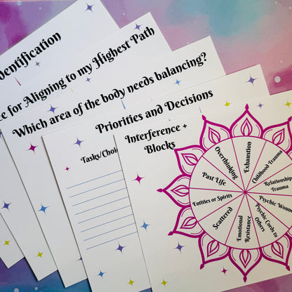 A set of printed spiritual guidance cards fanned out on a colorful pastel background. The cards feature black text with headings like 'Spirit Identification' and 'Priorities and Decisions,' plus a pink mandala-style wheel with labeled sections such as Overcommitment, Exhaustion, and Relationship trauma.