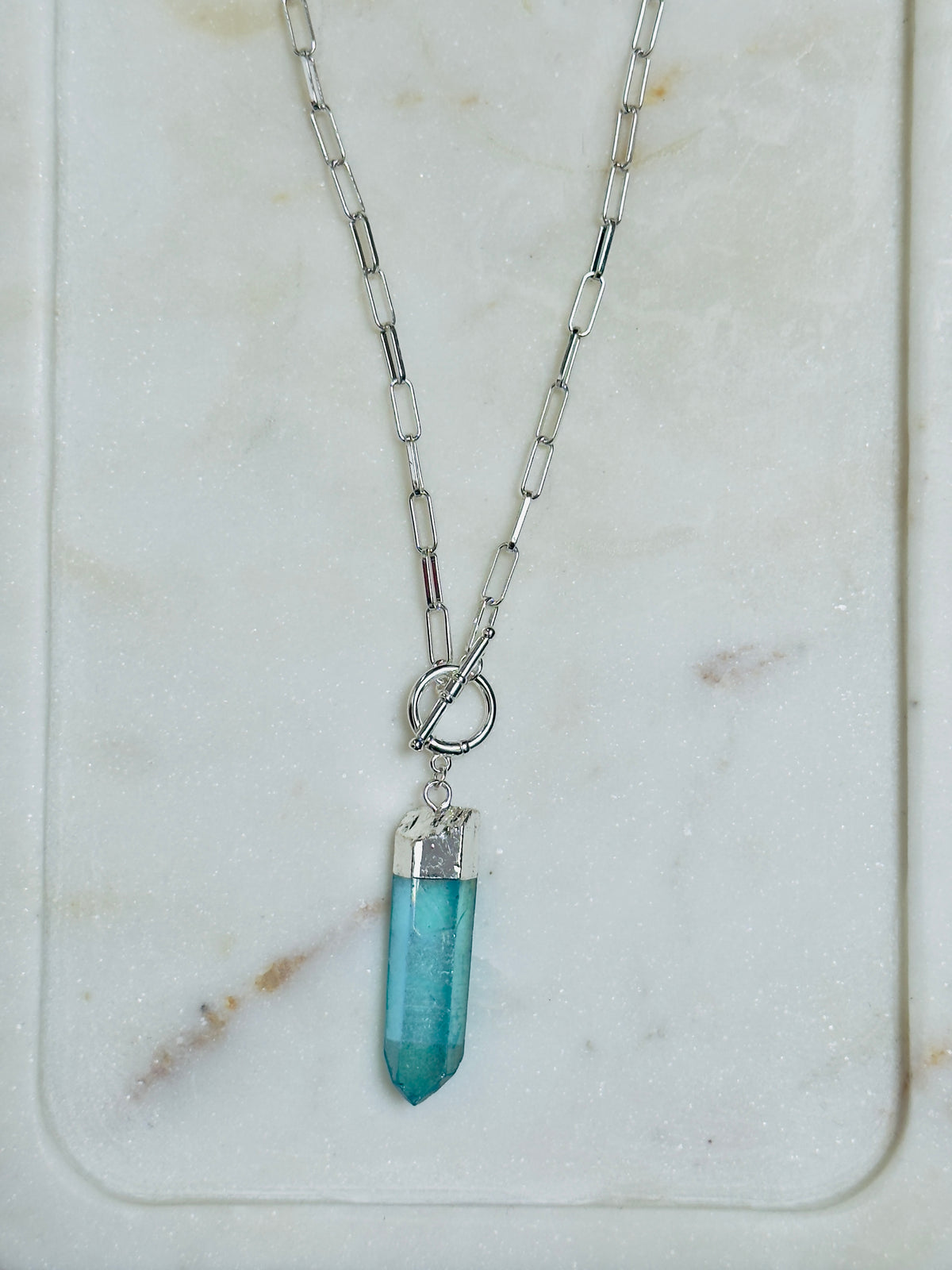 Blue Angel Aura Quartz Pendulum Necklace on Paperclip Chain