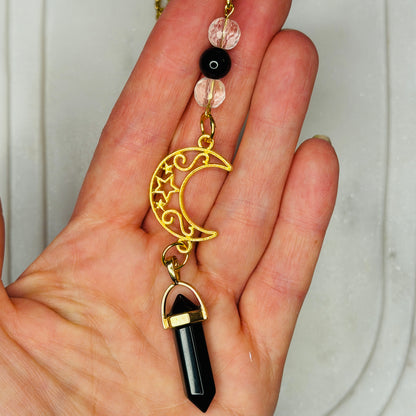 Gold Moon Rearview Mirror Charm with Crystal Pendulum