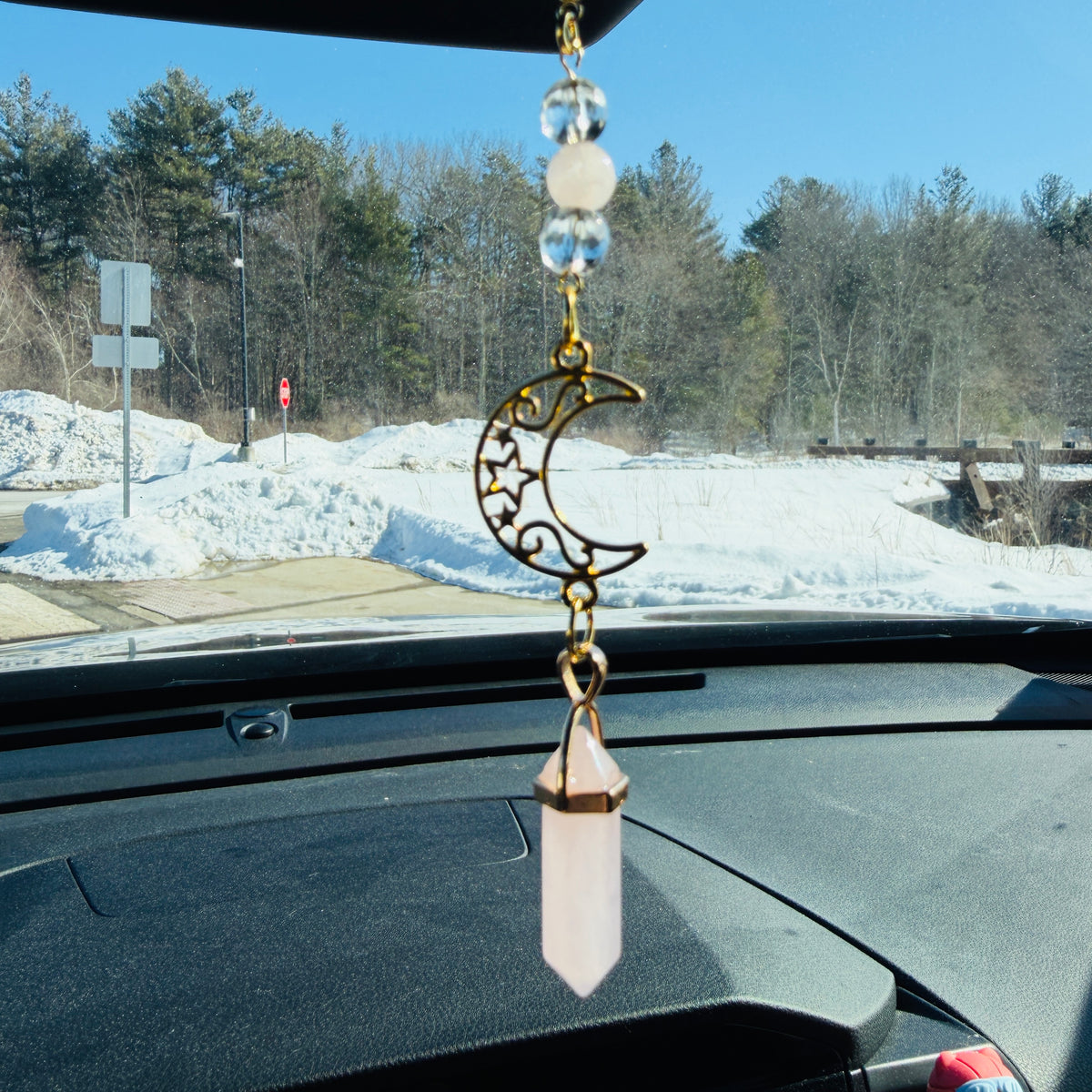 Gold Moon Rearview Mirror Charm with Crystal Pendulum