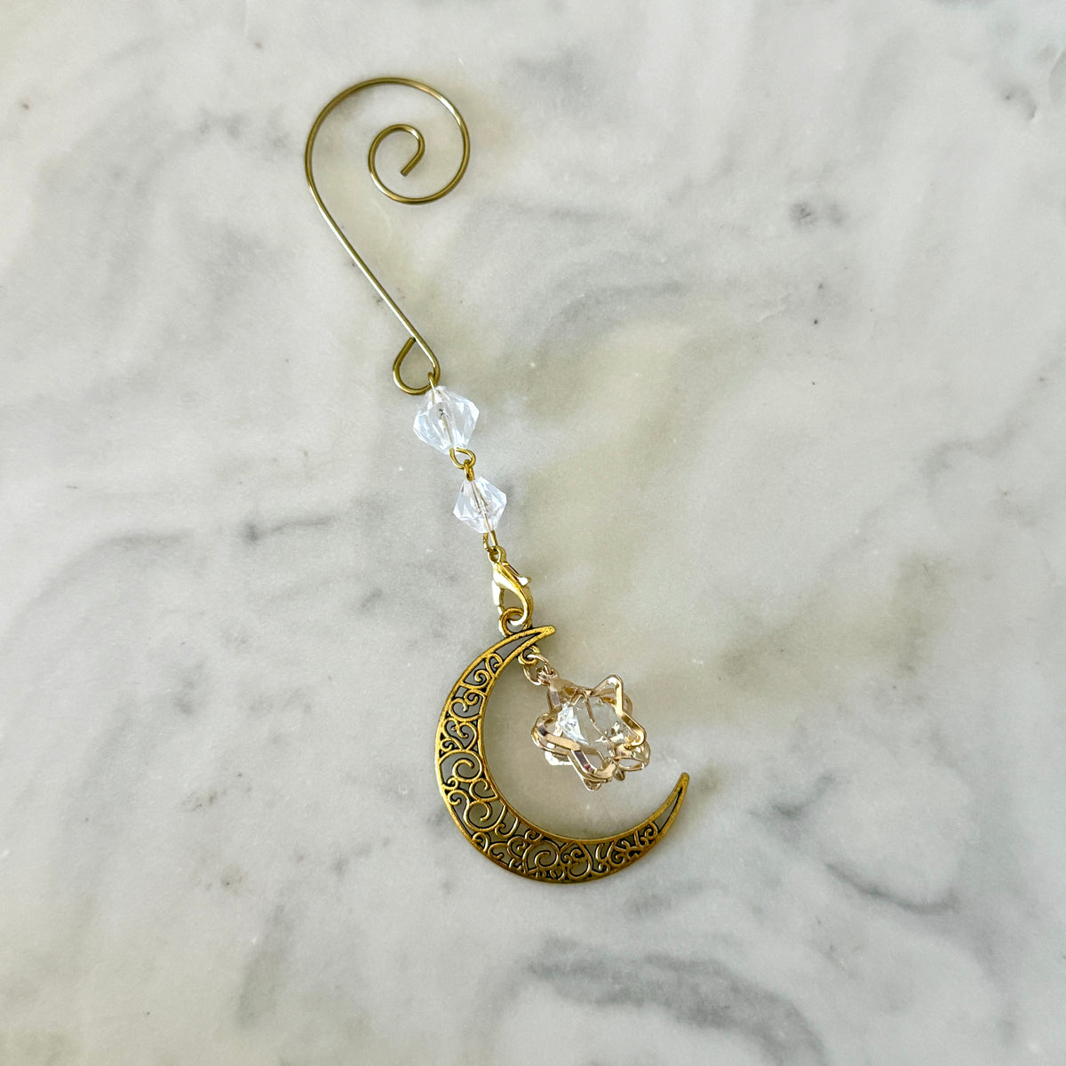 Yuletide Gold Crystal Moon & Star Witchy Christmas Ornament