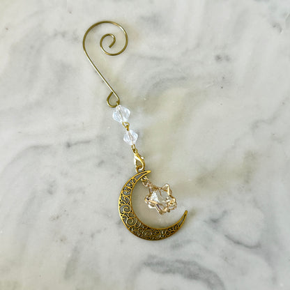 Yuletide Gold Crystal Moon & Star Witchy Christmas Ornament