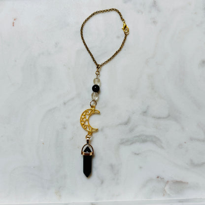 Gold Moon Rearview Mirror Charm with Crystal Pendulum
