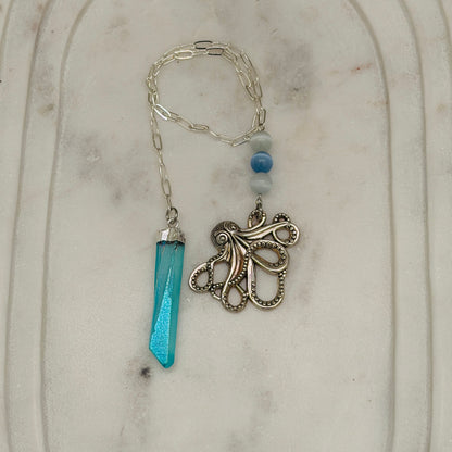 Blue Angel Aura Quartz Mermaid Pendulum – Ocean Magic with Kraken Charm