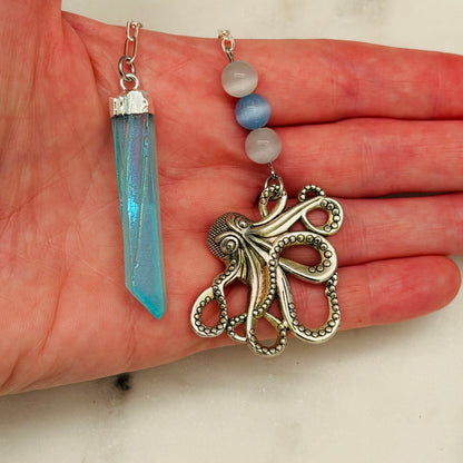 Blue Angel Aura Quartz Mermaid Pendulum – Ocean Magic with Kraken Charm