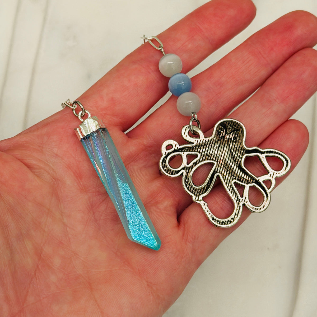 Blue Angel Aura Quartz Mermaid Pendulum – Ocean Magic with Kraken Charm