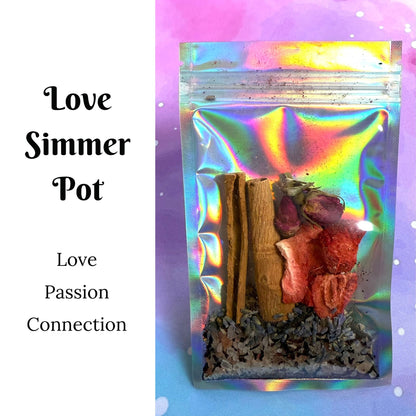 A holographic stand-up pouch containing dried botanicals and cinnamon sticks, shown next to text reading 'Love Simmer Pot' and 'Love Passion Connection' on a white background with a pastel gradient border.