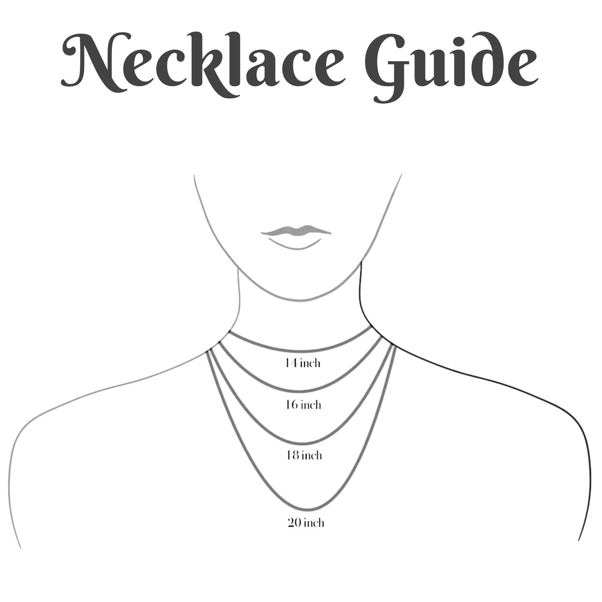 A simple black-and-white necklace size guide with the title 'Necklace Guide' at the top and a line drawing of a neck and upper chest showing four necklace lengths labeled 14 inch, 16 inch, 18 inch, and 20 inch.