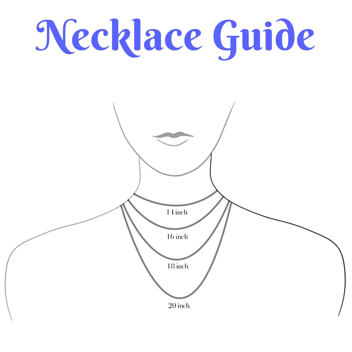 A simple necklace size guide diagram with the title 'Necklace Guide' in blue at the top and a minimalist line drawing of a neck and shoulders showing four necklace lengths labeled 14 inch, 16 inch, 18 inch, and 20 inch.