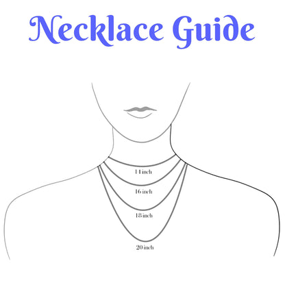 A simple necklace size guide diagram with the title 'Necklace Guide' in blue at the top and a minimalist line drawing of a neck and shoulders showing four necklace lengths labeled 14 inch, 16 inch, 18 inch, and 20 inch.