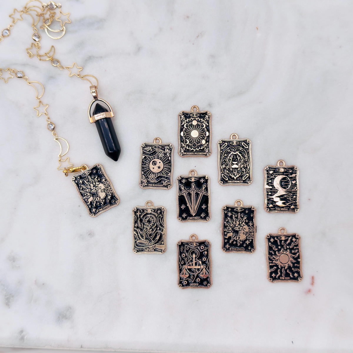 Obsidian Pendulum Stars and Moon Chain with 3 Tarot Charms Past-Present-Future Reading
