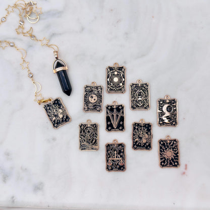 Obsidian Pendulum Stars and Moon Chain with 3 Tarot Charms Past-Present-Future Reading