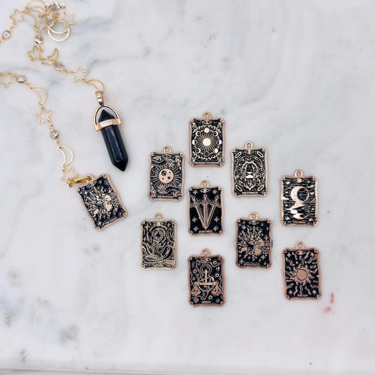 Obsidian Pendulum Stars and Moon Chain with 3 Tarot Charms Past-Present-Future Reading