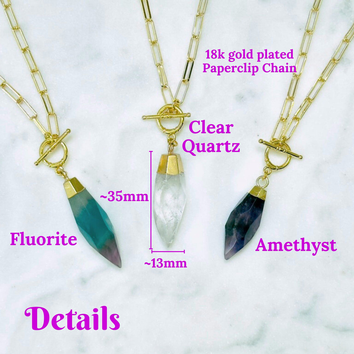 Three gold-plated paperclip chain necklaces with crystal pendants are displayed on a white marble background with pink text labels reading 'Fluorite', 'Clear Quartz', and 'Amethyst', plus size and detail callouts.