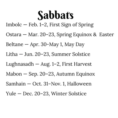 A text-based calendar-style graphic titled 'Sabbats' listing seasonal solstice and equinox dates: Imbolc, Ostara, Beltane, Litha, Lughnasadh, Samhain, and Yule in black font on a white background.