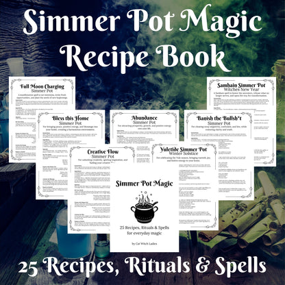 Simmer Pot Magic Recipe Book cover featuring multiple recipe sheet previews arranged over a dark mystical background with a cauldron and herbs. Text reads 'Simmer Pot Magic Recipe Book' and '25 Recipes, Rituals & Spells'.