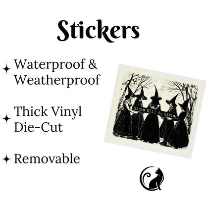 Promotional graphic for Halloween stickers featuring witch characters. The text highlights key features: 'Waterproof & Weatherproof', 'Thick Vinyl Die-Cut', and 'Removable'.