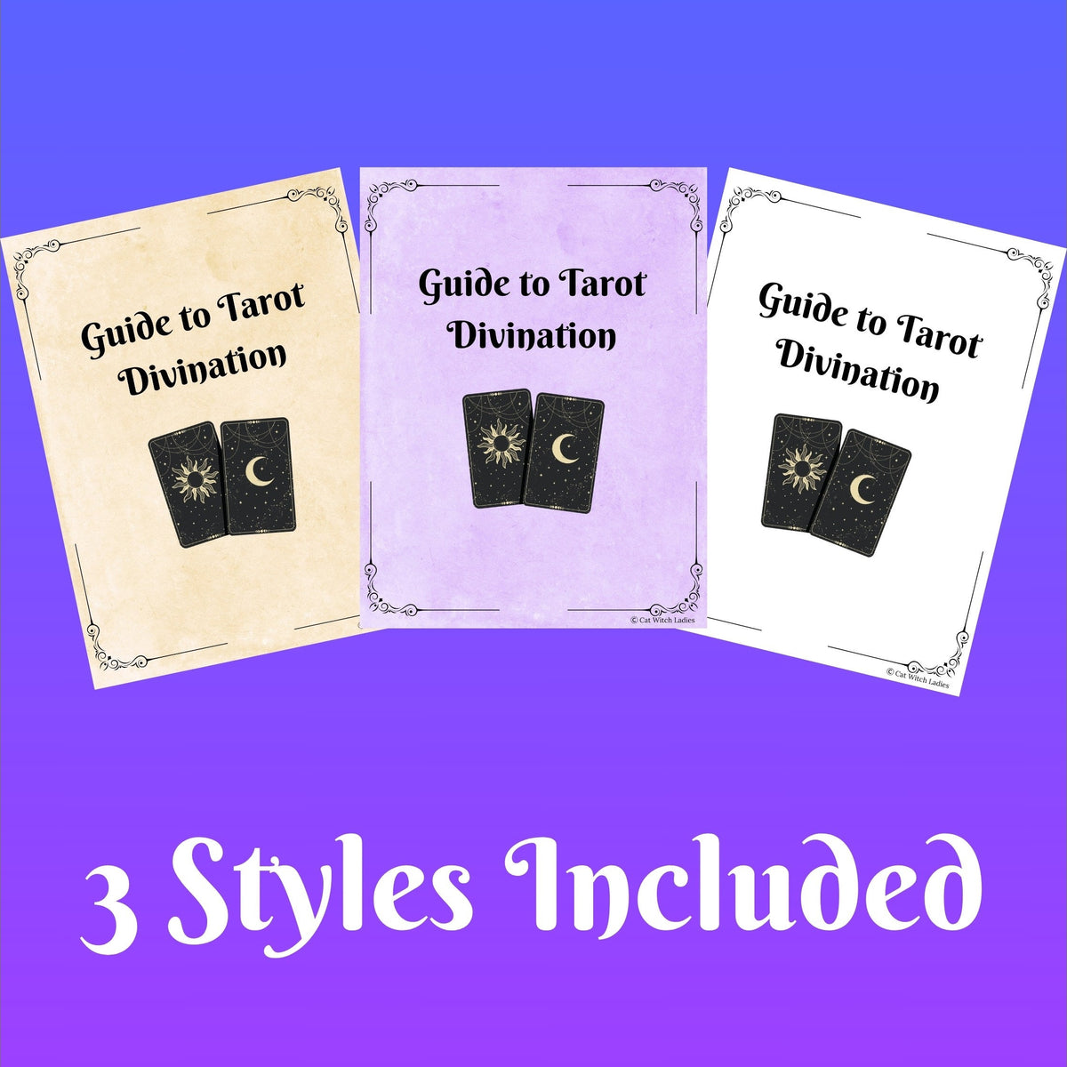 Three tarot guide book covers are shown on a purple gradient background with the text '3 Styles Included' below them. The covers are labeled 'Guide to Tarot Divination' and come in beige, lavender, and white styles, each featuring black tarot card illustrations.