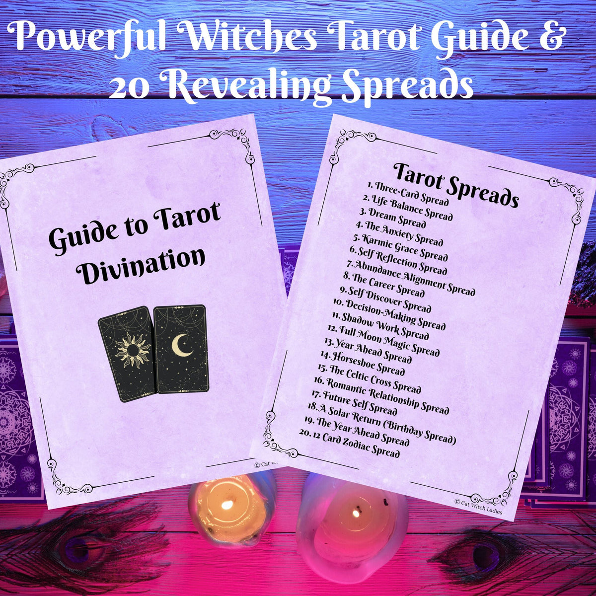 Digital cover preview for a tarot guide titled 'Powerful Witches Tarot Guide & 20 Revealing Spreads,' showing two printed cards laid on a purple wood background with candles below.