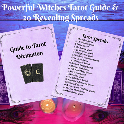 Digital cover preview for a tarot guide titled 'Powerful Witches Tarot Guide & 20 Revealing Spreads,' showing two printed cards laid on a purple wood background with candles below.