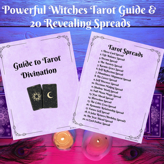 Digital cover preview for a tarot guide titled 'Powerful Witches Tarot Guide & 20 Revealing Spreads,' showing two printed cards laid on a purple wood background with candles below.