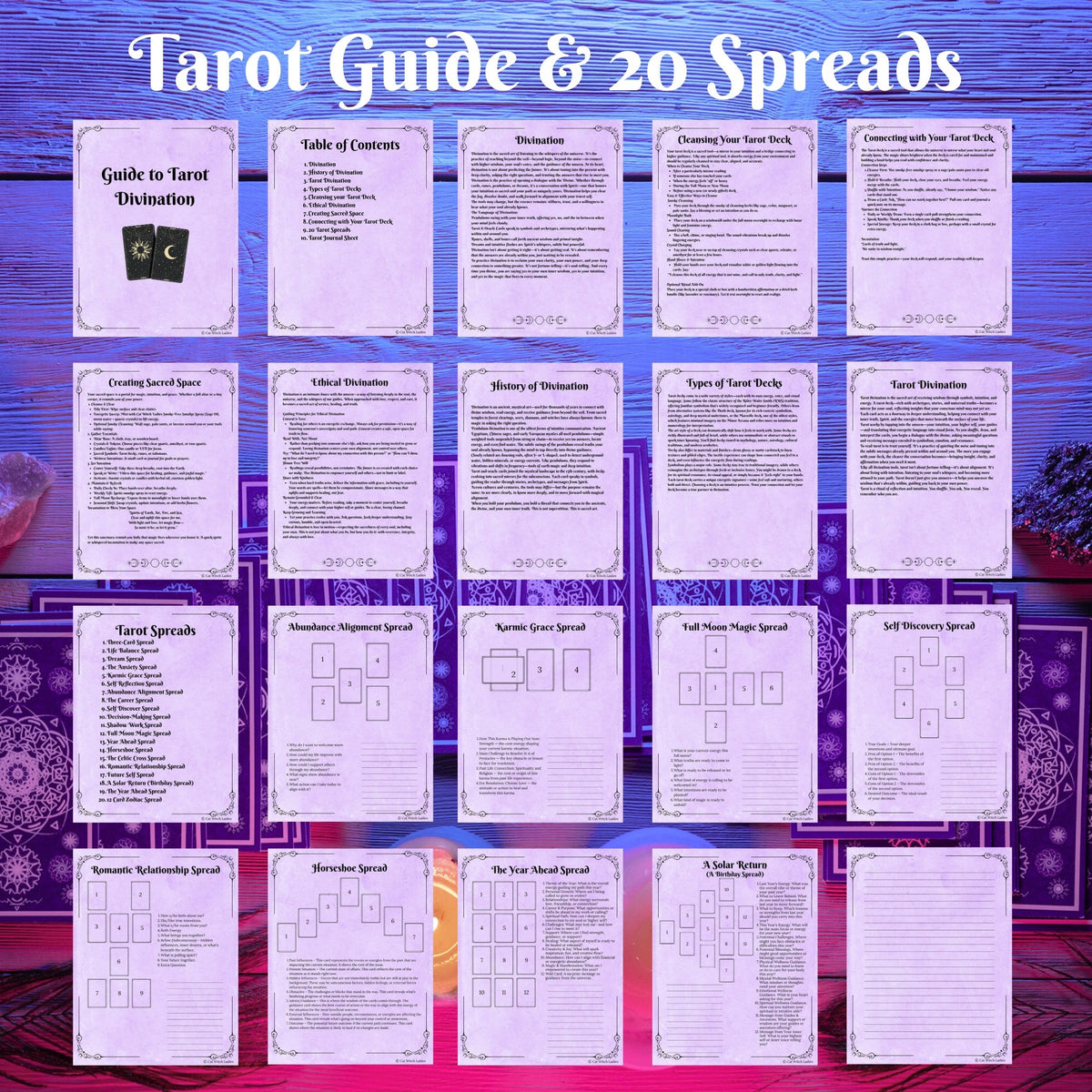 A digital preview sheet for a tarot guide and 20 spreads, showing multiple printed cards laid out on a purple wood-textured background. The title 'Tarot Guide & 20 Spreads' appears at the top, and the cards contain text sections such as guide to tarot orientation, table of elements, orientation, drawing tarot card back, and various spread names.