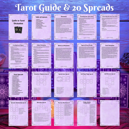 A digital preview sheet for a tarot guide and 20 spreads, showing multiple printed cards laid out on a purple wood-textured background. The title 'Tarot Guide & 20 Spreads' appears at the top, and the cards contain text sections such as guide to tarot orientation, table of elements, orientation, drawing tarot card back, and various spread names.