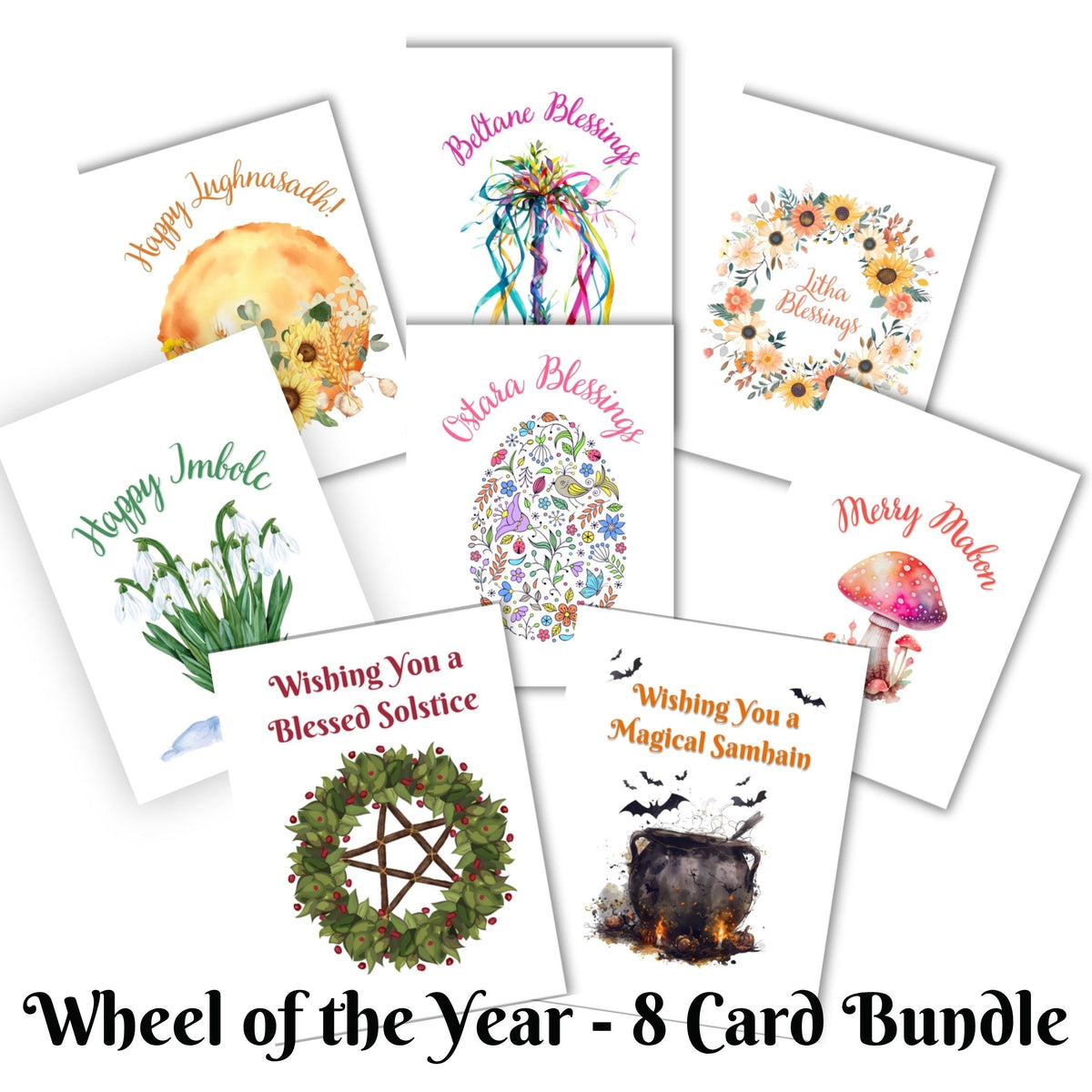 Eight greeting cards arranged in a circle on a white background, labeled 'Wheel of the Year - 8 Card Bundle.' The cards feature watercolor-style illustrations and seasonal texts including 'Happy New Year,' 'Ballone Blessings,' 'Ora Santa Blessings,' 'Merry Maiden,' 'Wishing You a Blessed Solstice,' and 'Wishing You a Magical Sabbath.