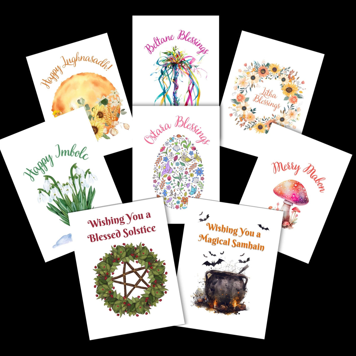 A set of seven watercolor-style solstice and holiday greeting cards arranged on a black background. The cards feature colorful illustrations including a sun, flowers, a mushroom, a wreath with a pentagram, a cauldron, birds, and text such as 'Happy Juneteenth,' 'Blessed Blessings,' 'Wishing You a Blessed Solstice,' 'Wishing You a Magical Sabbath,' 'Happy Imbelle,' and 'Merry Merry.
