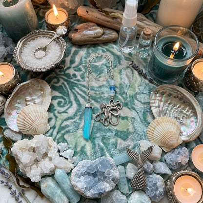Blue Angel Aura Quartz Mermaid Pendulum – Ocean Magic with Kraken Charm