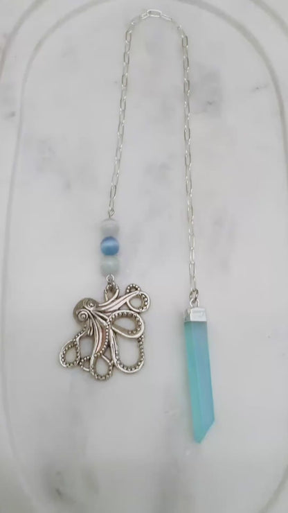 Blue Angel Aura Quartz Mermaid Pendulum – Ocean Magic with Kraken Charm